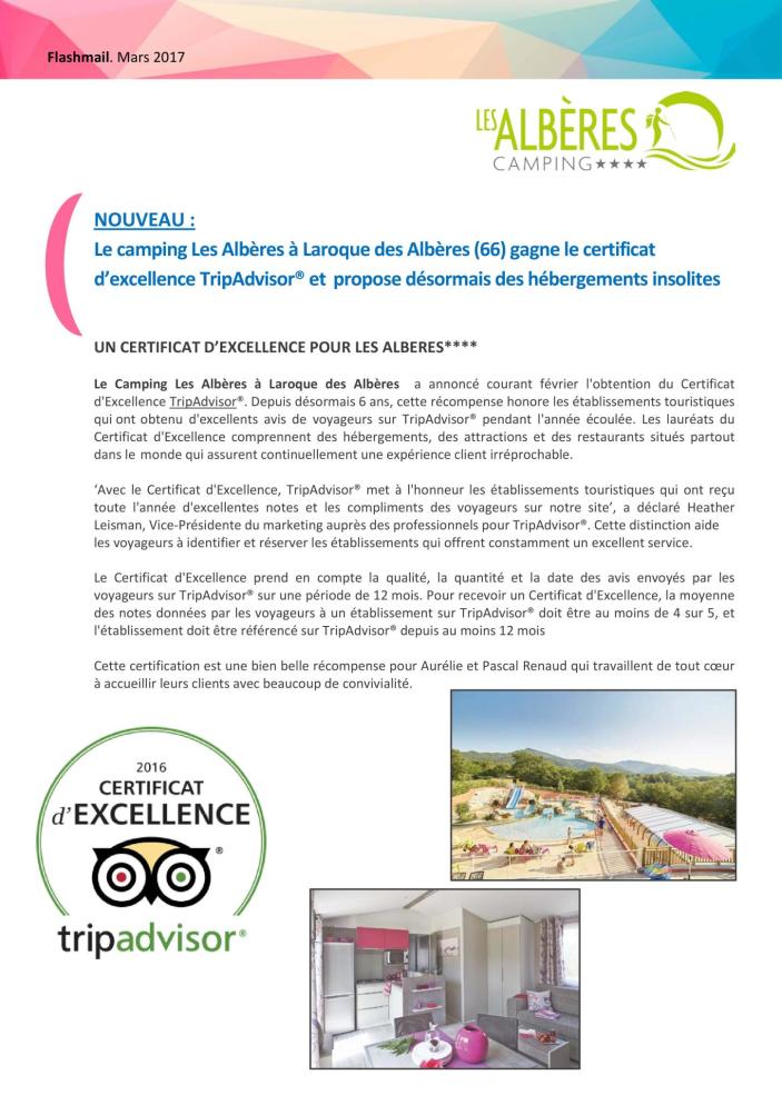 Le camping des Albères reçoit le certificat d'excellence TripAdvisor